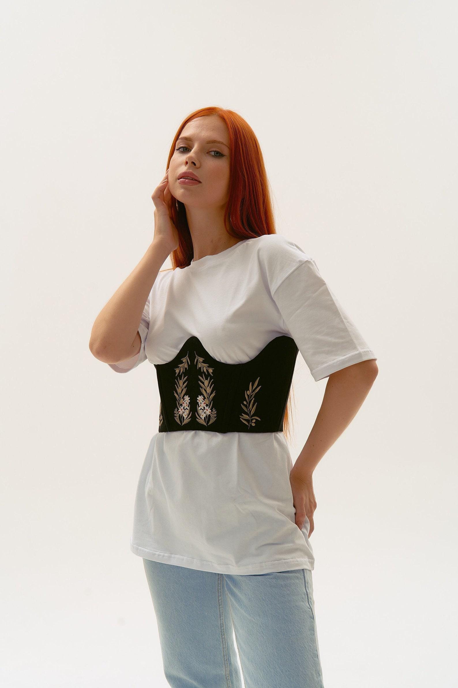 Olives Floral Linen Corset Belt Embroidered Boho Chic Style Peasant Top for Woman
