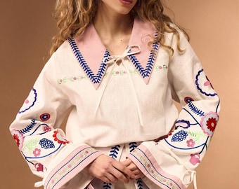 Linen Blouse White & Pink Collar Embroidered Floral Shirt Boho Chic Top Bohemian Outfit for Woman