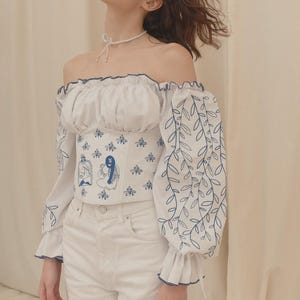 Linen Corset Linen with Sleeves Long Puffy Floral Top Belt Ethnic Ornament Embroidered Boho Peasant Cottagecore Outfit for Woman image 7