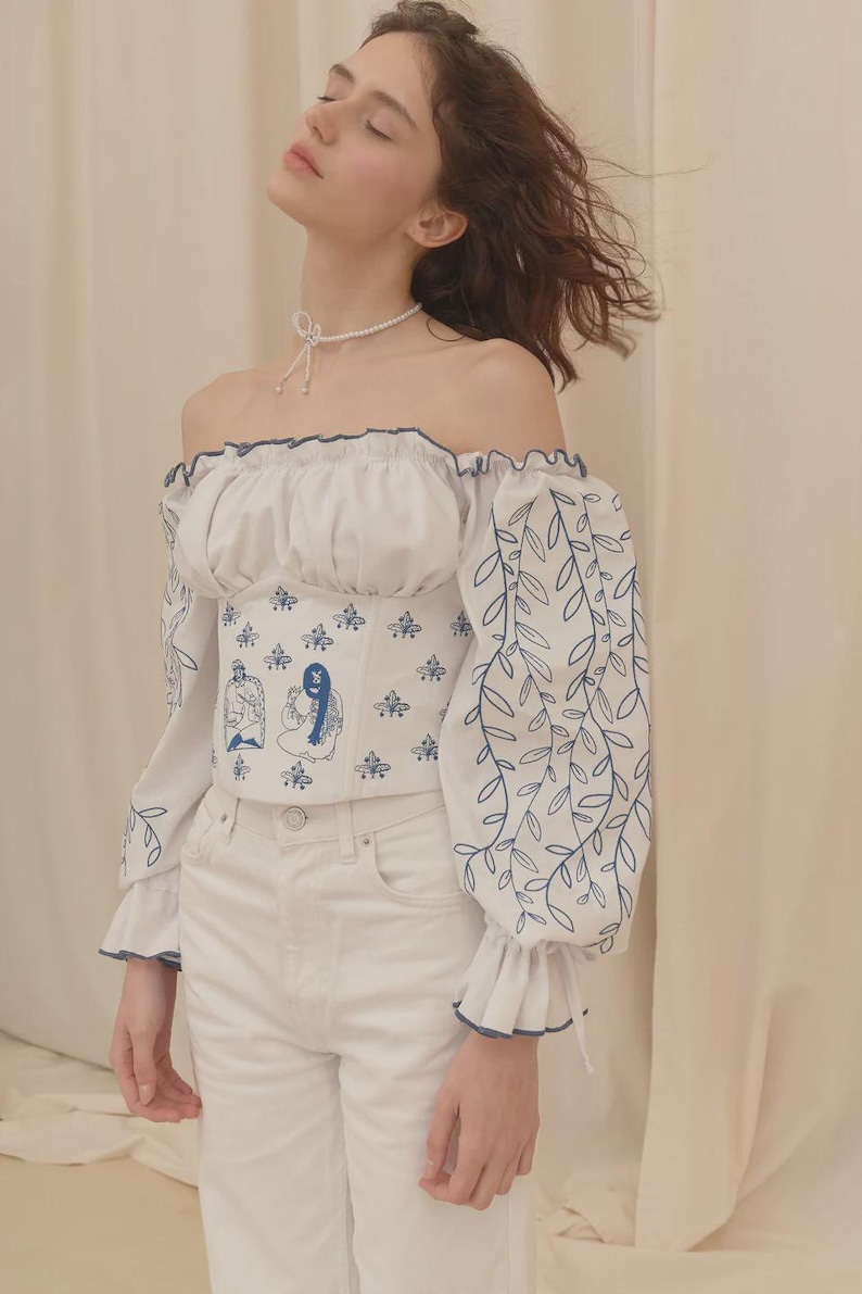Linen Corset Linen with Sleeves Long Puffy Floral Top Belt Ethnic Ornament Embroidered Boho Peasant Cottagecore Outfit for Woman image 7