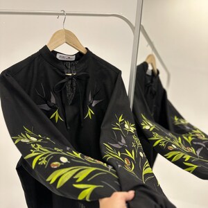 Swallows Linen Blouse Olive Green Embroidered Floral Birds Shirt Boho Chic Top Bohemian Summer Clothing Peasant Outfit for Woman image 10