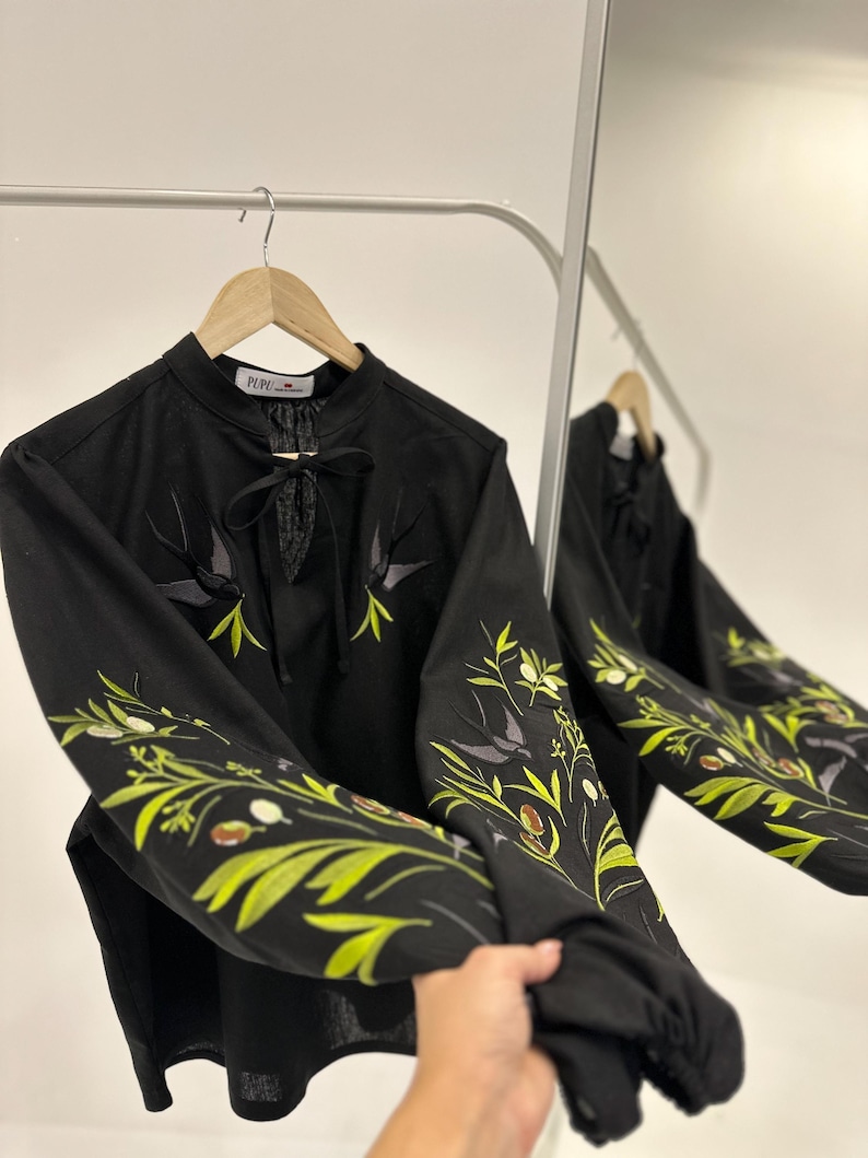 Swallows Linen Blouse Olive Green Embroidered Floral Birds Shirt Boho Chic Top Bohemian Summer Clothing Peasant Outfit for Woman image 10