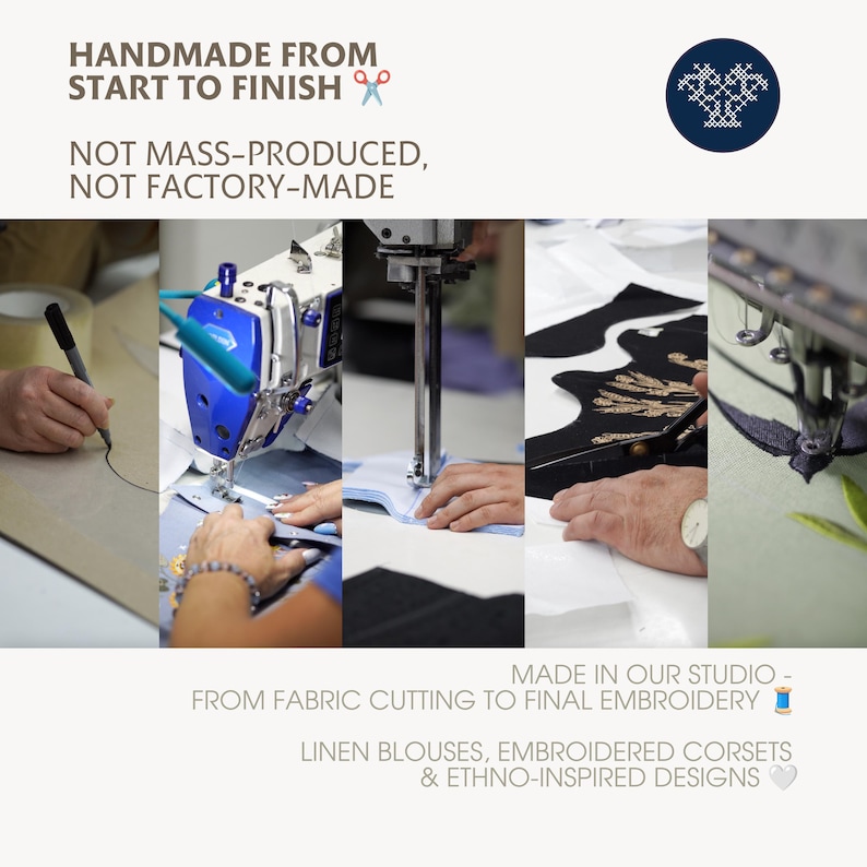 The image is a collage of various stages of the handmade process, including fabric cutting, sewing, and embroidery. It showcases the craftsmanship involved in creating handmade garments, such as linen blouses, embroidered corsets, and ethno-inspired designs. The collage emphasizes the importance of handmade products and the attention to detail that goes into their creation.