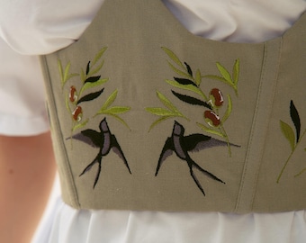 Bird Swallows Linen Corset Top Belt Floral Embroidered Boho Chic Handmade Peasant Ethnic Summer Clothing for Woman