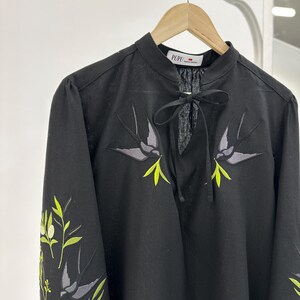 Black Swallows Linen Blouse Embroidered Floral Birds Shirt Boho Chic Top Bohemian Peasant Outfit for Woman image 3