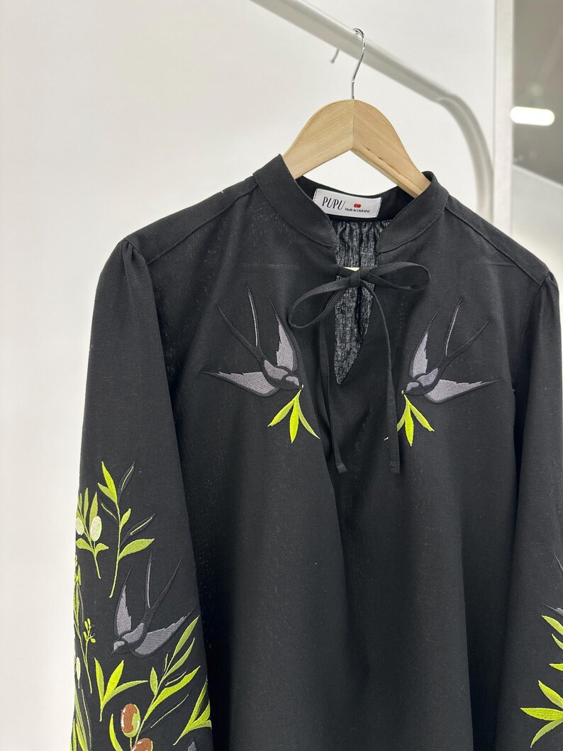 Black Swallows Linen Blouse Embroidered Floral Birds Shirt Boho Chic Top Bohemian Peasant Outfit for Woman image 3