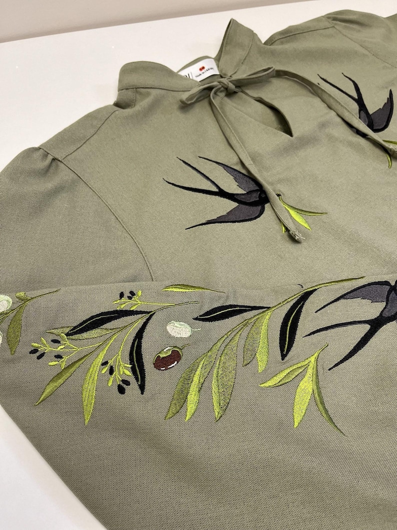 Black Swallows Linen Blouse Embroidered Floral Birds Shirt Boho Chic Top Bohemian Peasant Outfit for Woman image 7