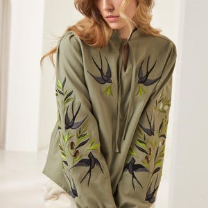 Swallows Linen Blouse Olive Green Embroidered Floral Birds Shirt Boho Chic Top Bohemian Summer Clothing Peasant Outfit for Woman image 1