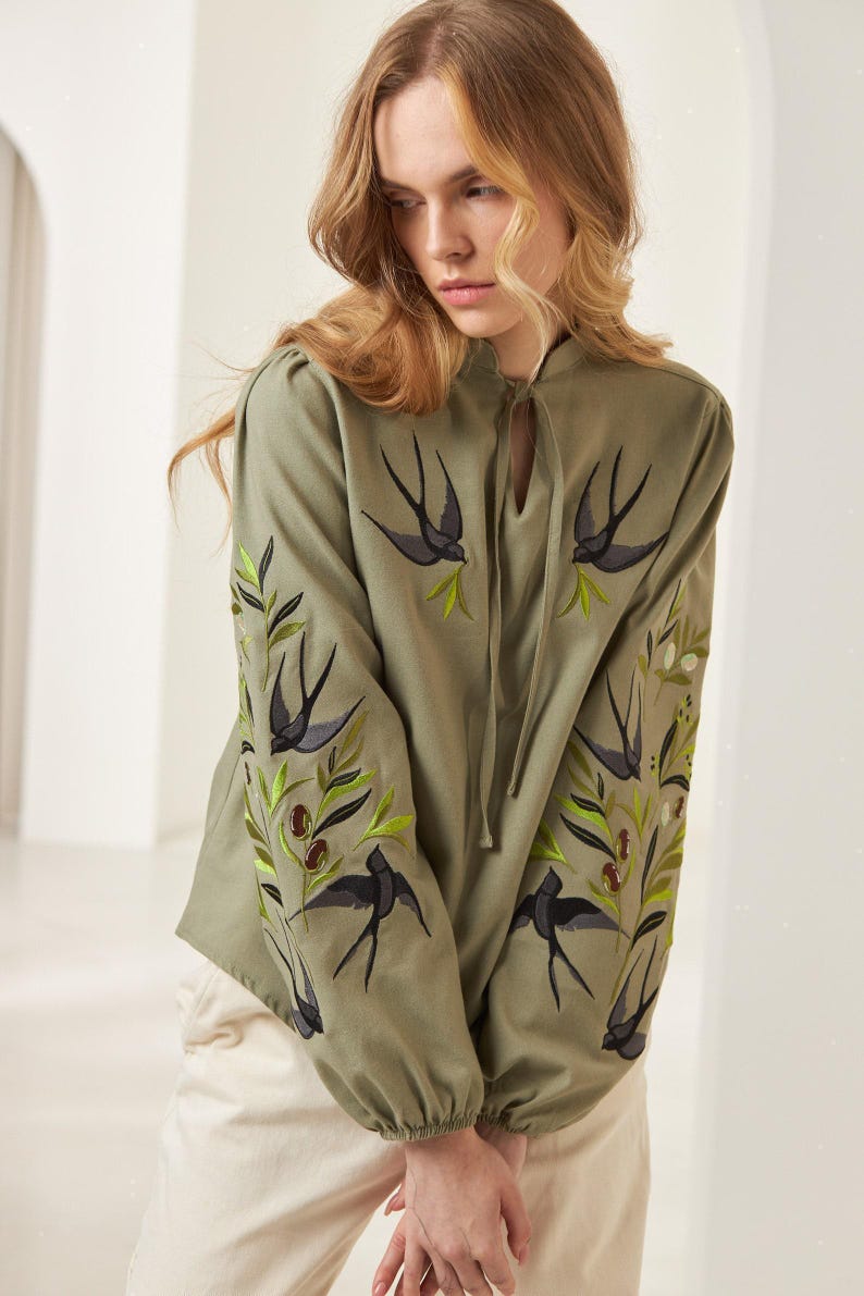 Swallows Linen Blouse Olive Green Embroidered Floral Birds Shirt Boho Chic Top Bohemian Summer Clothing Peasant Outfit for Woman image 1