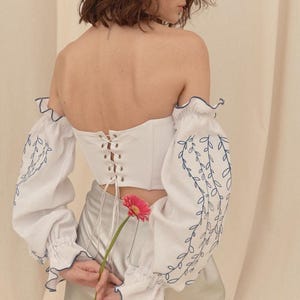 Linen Corset Linen with Sleeves Long Puffy Floral Top Belt Ethnic Ornament Embroidered Boho Peasant Cottagecore Outfit for Woman image 10