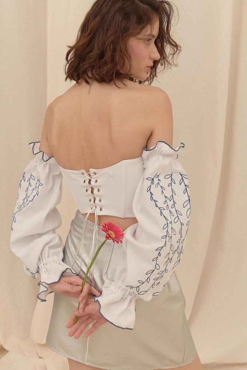 Linen Corset Linen with Sleeves Long Puffy Floral Top Belt Ethnic Ornament Embroidered Boho Peasant Cottagecore Outfit for Woman image 10