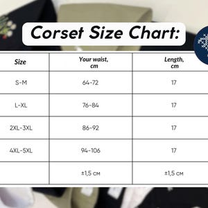 May include: A white rectangular Corset Size Chart with black text and grid lines. The table lists sizes from S-M to 4XL-5XL, with corresponding waist measurements in cm ranging from 64 to 106 and a consistent length of 17 cm, plus or minus 1.5 cm.