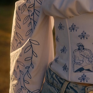 Linen Corset Linen with Sleeves Long Puffy Floral Top Belt Ethnic Ornament Embroidered Boho Peasant Cottagecore Outfit for Woman image 1