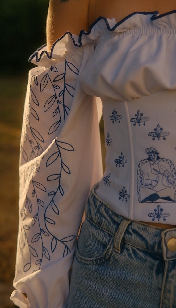 Linen Corset Linen with Sleeves Long Puffy Floral Top Belt Ethnic Ornament Embroidered Boho Peasant Cottagecore Outfit for Woman