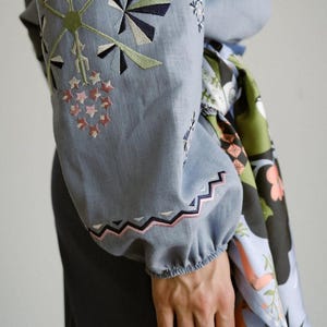 Chestnut Blue Linen Blouse Geometric & Floral Embroidered Shirt Boho Chic Top Bohemian Summer Clothing Peasant Outfit for Woman