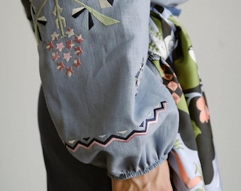 Chestnut Blue Linen Blouse Geometric & Floral Embroidered Shirt Boho Chic Top Bohemian Summer Clothing Peasant Outfit for Woman