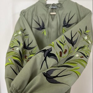 Black Swallows Linen Blouse Embroidered Floral Birds Shirt Boho Chic Top Bohemian Peasant Outfit for Woman image 5
