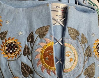Blue Linen Corset Sun Moon Sunflower Floral Belt Embroidered Underbust Top Ethnic Peasant Boho Chic Outfit Cottagecore for Woman