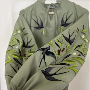 Swallows Linen Blouse Olive Green Embroidered Floral Birds Shirt Boho Chic Top Bohemian Summer Clothing Peasant Outfit for Woman image 7