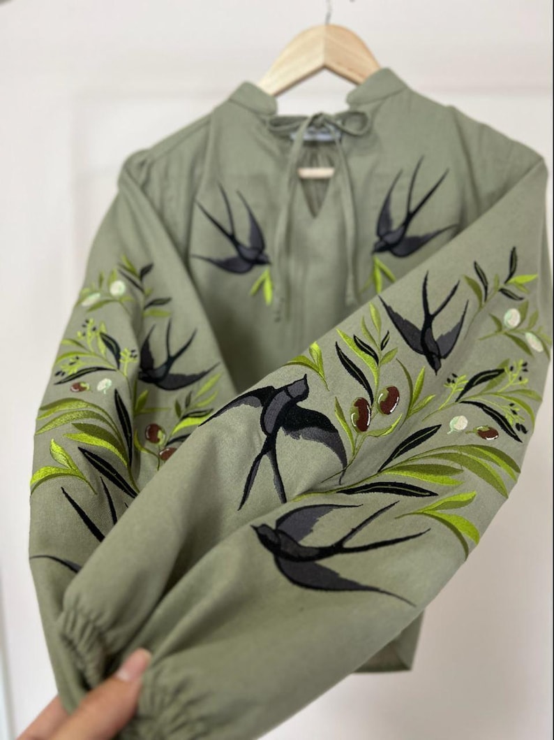 Swallows Linen Blouse Olive Green Embroidered Floral Birds Shirt Boho Chic Top Bohemian Summer Clothing Peasant Outfit for Woman image 7