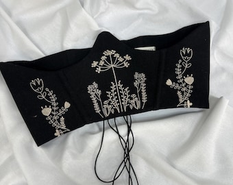 Floral Linen Corset Top Belt Embroidered Boho Chic Handmade Peasant Ethnic Spikelet Summer Clothing for Woman