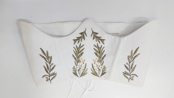 White Medieval Linen Corset with Olives - Floral Underbust Belt - Embroidered Whimsical Top - Historical Stay - Renaissance Outfit for Woman
