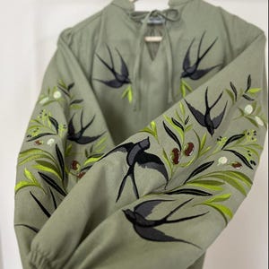 Black Swallows Linen Blouse Embroidered Floral Birds Shirt Boho Chic Top Bohemian Peasant Outfit for Woman image 5