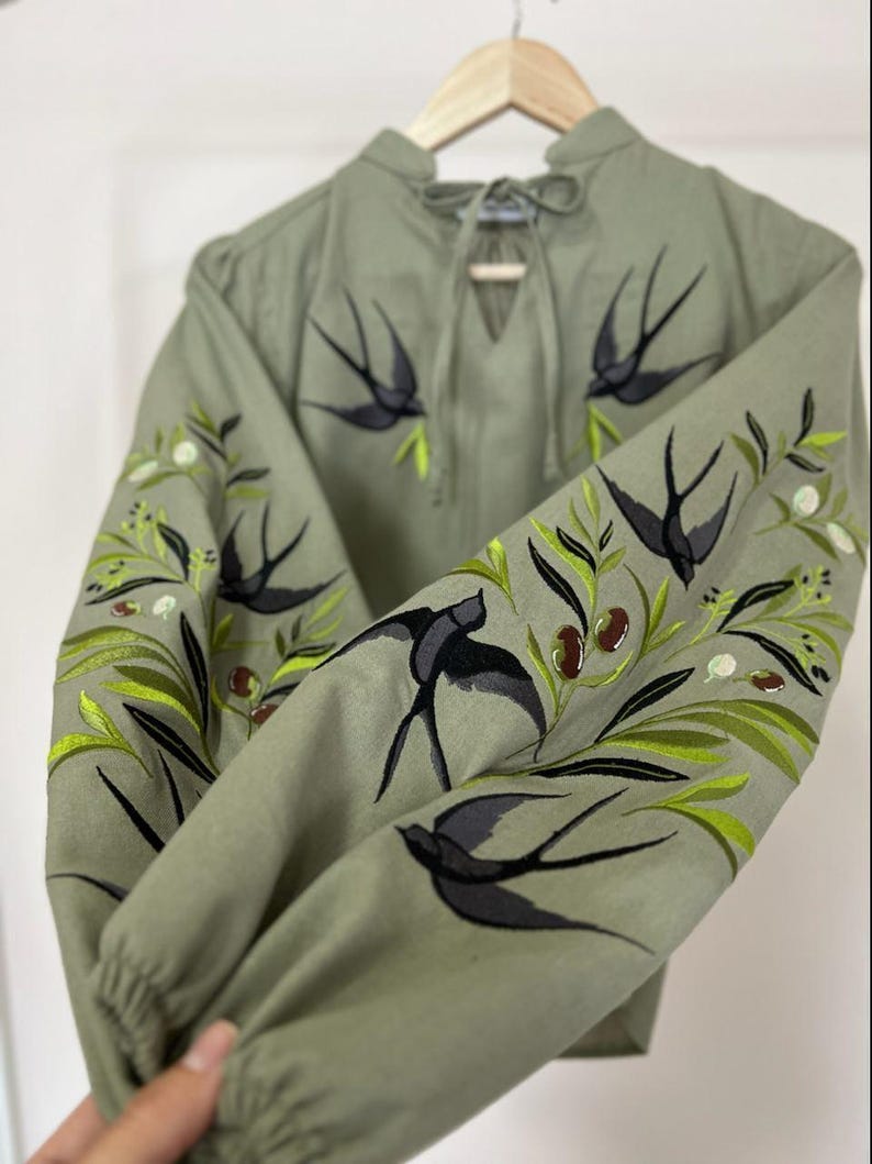 Black Swallows Linen Blouse Embroidered Floral Birds Shirt Boho Chic Top Bohemian Peasant Outfit for Woman image 5