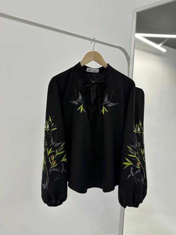Black Swallows Linen Blouse Embroidered Floral Birds Shirt Boho Chic Top Bohemian Peasant Outfit for Woman