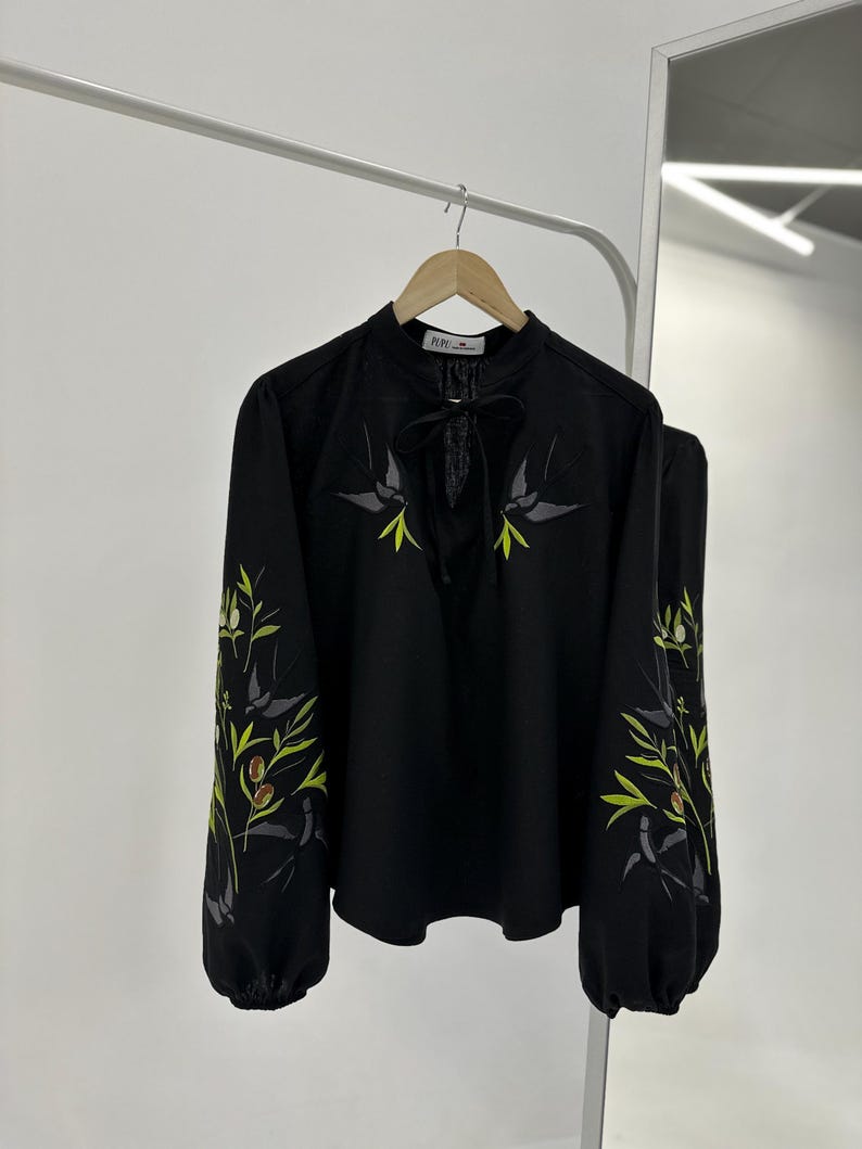 Black Swallows Linen Blouse Embroidered Floral Birds Shirt Boho Chic Top Bohemian Peasant Outfit for Woman image 1