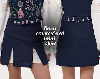 Linen Mini Skirt Royal Blue & White Summer Clothing Schoolgirl Style Outfit for Woman