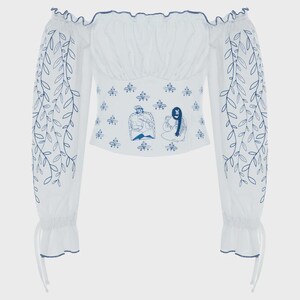 Linen Corset Linen with Sleeves Long Puffy Floral Top Belt Ethnic Ornament Embroidered Boho Peasant Cottagecore Outfit for Woman image 3
