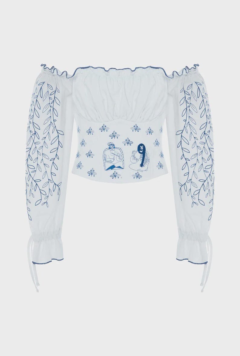 Linen Corset Linen with Sleeves Long Puffy Floral Top Belt Ethnic Ornament Embroidered Boho Peasant Cottagecore Outfit for Woman image 3