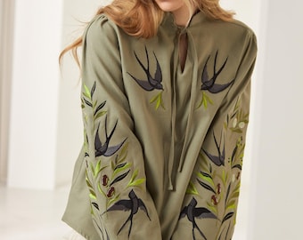 Swallows Linen Blouse Olive Green Embroidered Floral Birds Shirt Boho Chic Top Bohemian Summer Clothing Peasant Outfit for Woman
