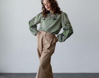Swallows Linen Blouse Olive Green Embroidered Floral Birds Shirt Boho Chic Top Bohemian Peasant Outfit for Woman