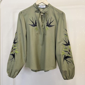 Swallows Linen Blouse Olive Green Embroidered Floral Birds Shirt Boho Chic Top Bohemian Summer Clothing Peasant Outfit for Woman image 8