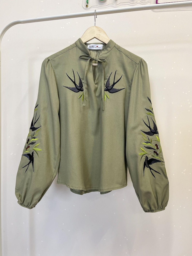 Swallows Linen Blouse Olive Green Embroidered Floral Birds Shirt Boho Chic Top Bohemian Summer Clothing Peasant Outfit for Woman image 8