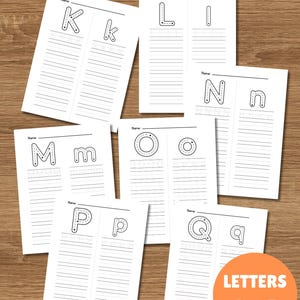 May include: White paper sheets with uppercase and lowercase letters K, L, M, N, O, P, and Q for tracing. Each sheet has a space for a name and lined writing space. An orange circle with the text "LETTERS A to Z" is in the bottom right corner.