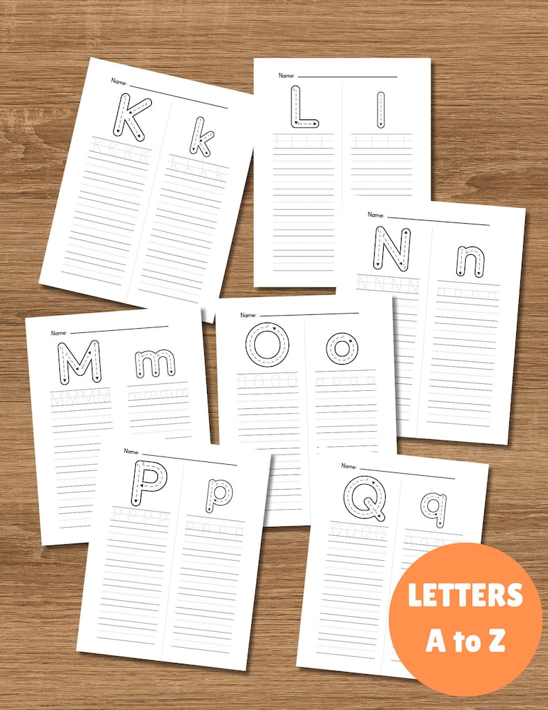 May include: White paper sheets with uppercase and lowercase letters K, L, M, N, O, P, and Q for tracing. Each sheet has a space for a name and lined writing space. An orange circle with the text "LETTERS A to Z" is in the bottom right corner.