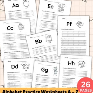 以下が含まれることがあります： アルファベット練習ワークシートのセット。各ページには文字、画像、大文字と小文字をなぞるための線があります。「Alphabet Practice Worksheets A - Z」というタイトルが表示されています。