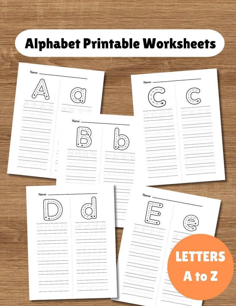 May include: White alphabet tracing worksheets with the letters A, B, C, D, and E. The worksheets have dotted lines for tracing and lined spaces for writing practice. The image also includes the text "Alphabet Printable Worksheets" and "Letters A to Z".