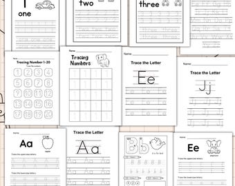 Pre-K + Kindergarten Learning Bundle, Alphabet & Number Tracing Worksheets, Alphabet Letters Printable Worksheets