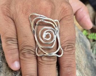 Anillo de plata de ley en espiral, anillo llamativo con diseño de remolino, anillo geométrico bohemio de plata, joyería abstracta hecha a mano, regalo único para ella, joyería con diseño de remolino