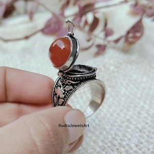 Vintage Poison Ring with Carnelian Gemstone Ring, Secret Locket Ring, 925 Sterling Silver Boho Ring, Hidden Compartment Jewelry Gift For Her