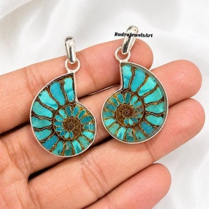 Colgante de amonita turquesa de plata de ley 925, collar de concha fósil, joyería de piedra preciosa azul, colgante llamativo hecho a mano, regalo para ella, regalo