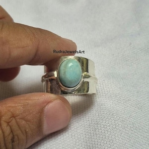 Larimar Ring, 925 Sterling Silver, Wide Band Statement Ring, Natural Larimar Gemstone Jewelry, Handmade Silver Ring for Women, Gift For Her