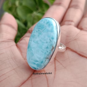 Larimar Oval Ring, Natural Blue Larimar Stone Jewelry, 925 Sterling Silver Ring, Boho Statement Ring for Women, Handmade Gemstone Jewelry