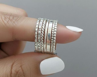 Sterling Silver Band Ring Set - Minimalist Boho Stacking Rings
