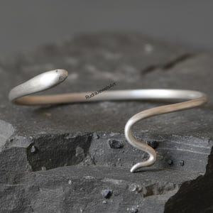 Op de afbeelding: Een zilverkleurige slangvormige armband. De armband buigt rond, met de kop van de slang aan één uiteinde en de staart aan de andere kant. De kop van de slang heeft een klein, gedetailleerd oog. De armband wordt getoond op een donker, getextureerd oppervlak.