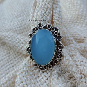Aqua Chalcedony Ring Oval Shape, 925 Sterling Silver Beautiful Designer Ring, Handmade Gemstone Jewelry, Gift for Her, Boho Statement Ring.